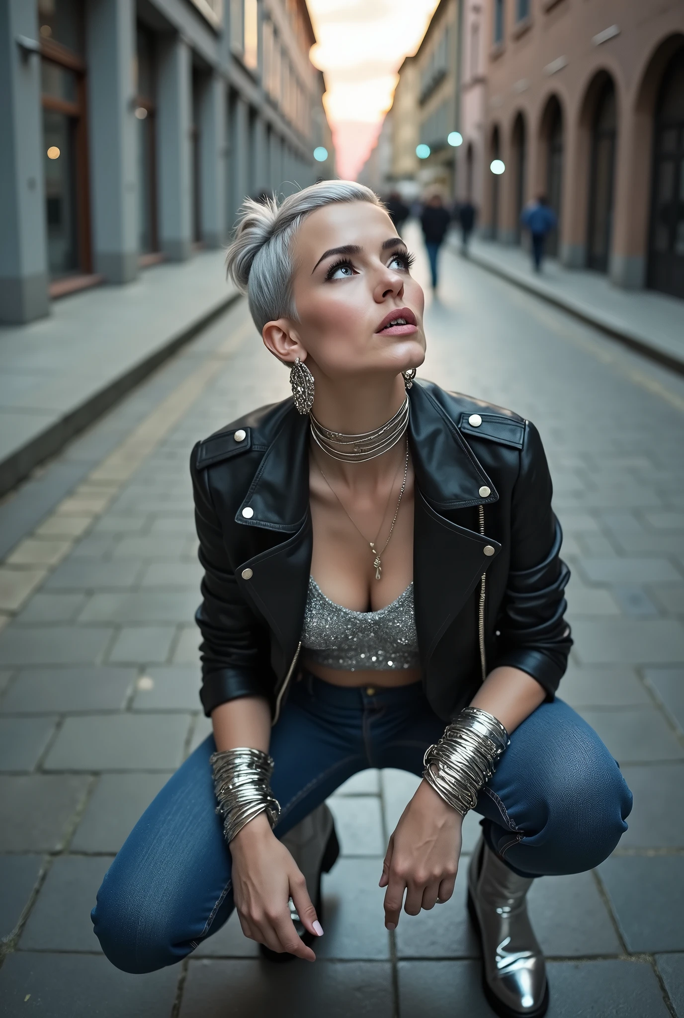 russian old milf woman, grey hair (top bun, shaved sides), with very light blue eyes, extremely pale. Wearing cropped black moto jacket, shiny silver sequins tank top, skinny blue jeans and silver pointy Chelsea boots with cuban heels . Lots of metallic wide bracelets, a tacky chain and a padlock as a collar.mTacky studded leather belt with oversized chanel buckle. Wide loop earrings. Kneeling looking up, eyes and mouth wide open in amazement. Hands on her knees. Chin up, looking up listening in amazement to God. Well toned abdominals, thin legs and thin arms.