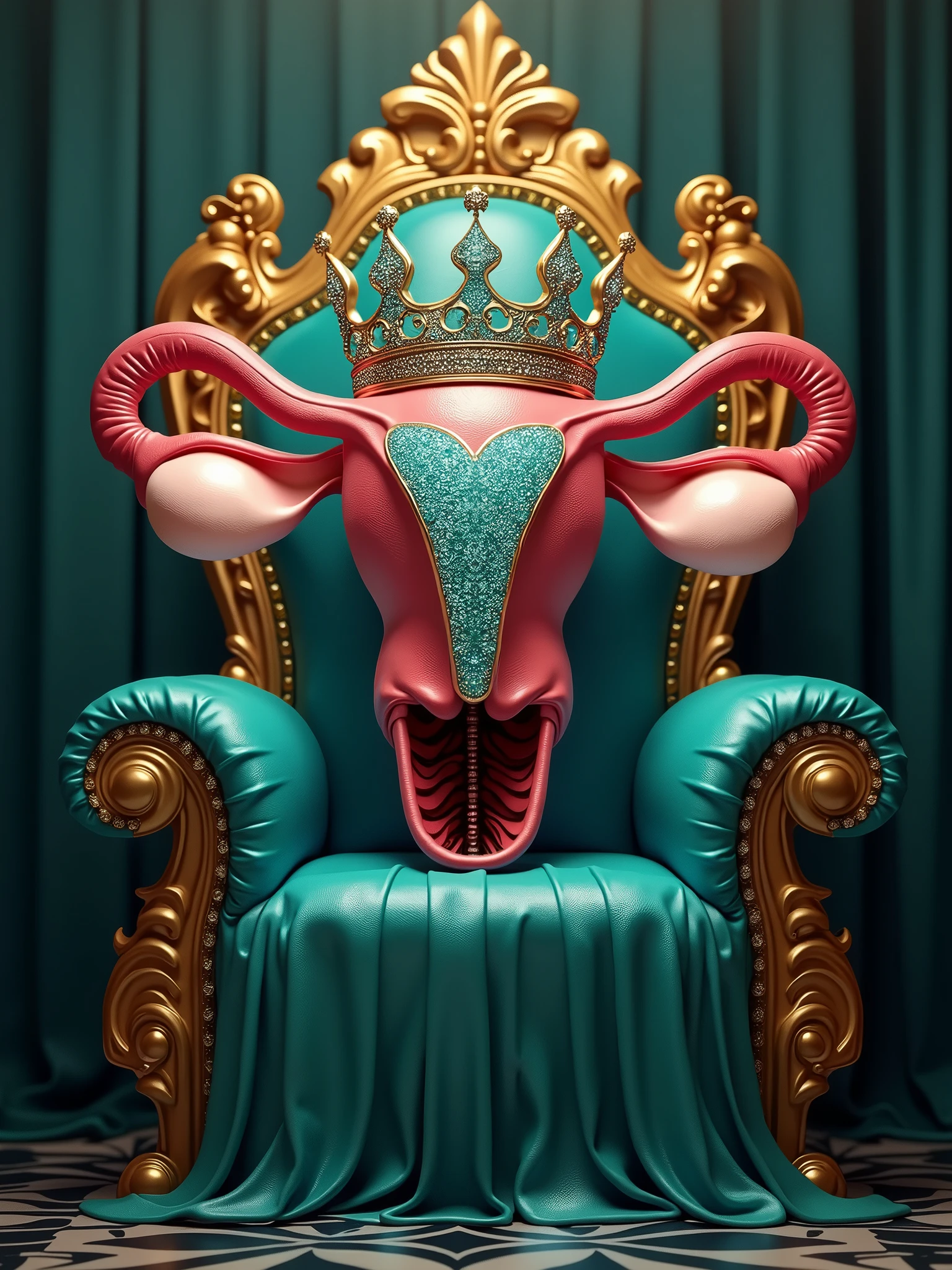 An ultra-realistic digital painting of an anthropomorphic uterus with cervix and ovaries, depicted as a champion. The uterus wears an oversized, ornate crown encrusted with teal diamond cancer ribbons, symbolizing victory and cancer awareness. The uterus, cervix, and ovaries are rendered with lifelike textures, standing proudly on a luxurious teal and gold throne. The scene conveys empowerment, resilience, and a sense of being cancer-free. The background is royal and majestic, highlighting the throne and the powerful stance. The style is ultra-realism, with anatomical accuracy, intricate texture work, regal composition, dramatic lighting, and a detailed crown design. The color scheme is dominated by teal and gold.