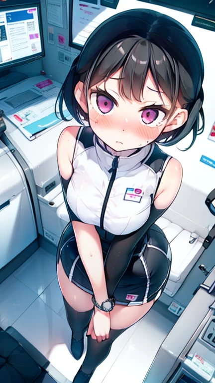 (Highest quality), (masterpiece), 1080P, High resolution, 4K, 8k, Inside the space station、Futuristic room、Thigh straps, Shooting from directly below, The woman on top of me, 白いSweat, Covered , Sweat, Woman looking down, Skirt swimsuit, Thigh-high socks, To achieve this, , , whole body, Black leather shoes, Braided hair, Inner Color, Embarrassed face, Short black hair, bracelet, Bedroom,celestial body_Vest
