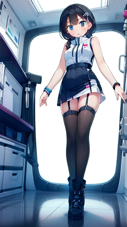 (Highest quality), (masterpiece), 1080P, High resolution, 4K, 8k, Inside the space station、Futuristic room、Thigh straps, Shooting from directly below, The woman on top of me, 白いSweat, Covered , Sweat, Woman looking down, Skirt swimsuit, Thigh-high socks, To achieve this, , , whole body, Black leather shoes, Braided hair, Inner Color, Embarrassed face, Short black hair, bracelet, Bedroom,celestial body_Vest