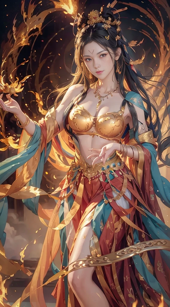 (Fullbody shot:1.1),(RAW photo, Best quality), (Realistic, photo-realistic:1.3), Highly detailed, Ultra-detailed, Small bra B cups，1girll, beautiful face, high detailed face, smile, Dancing, Flame in her hand, Phoenix flame bird in background, Dynamic Angle, world mastery theater, Messy_Long_Hair, extremely detailed CG unity 8k wallpaper, ink, astounding, lenlare, dunhuang_Style, (big breasts beautiful+fanciful), (8k wallpaper:1.2+8k wallpaper:1.1), (art-style+art work) Perfect facial features, Super realistic, illustration, surrealism, cubismo, Best quality, Masterpiece, Best quality, High details, (2-legs,2-hand,5-finger in each hand)