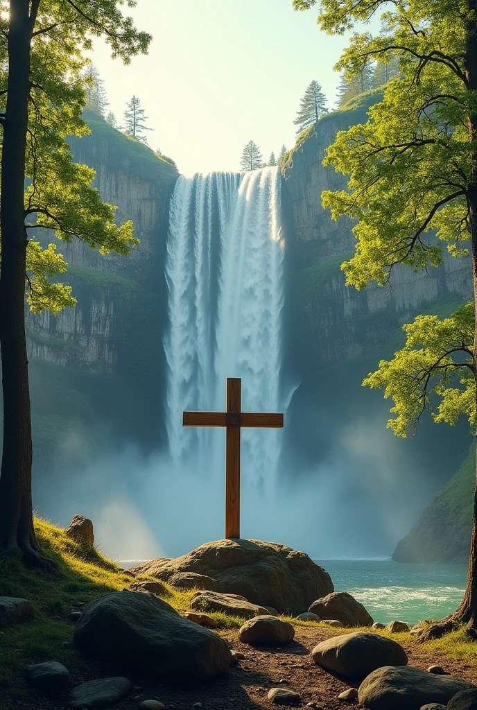 a cross on top of a hill, a waterfall in the background, with trees to the side