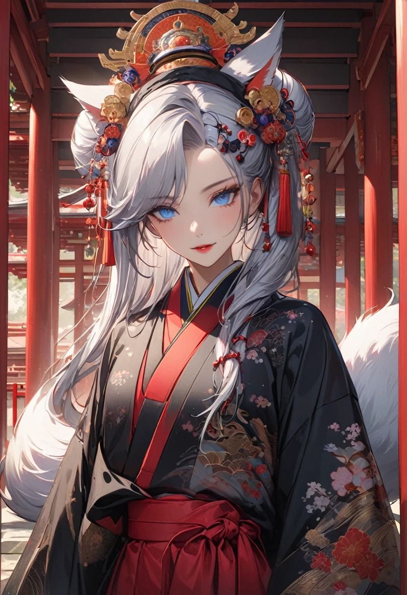 Ink painting, (((1 girl))), (((Tattoo in the middle of the forehead))),(((In the background is the Akatsuki moon))), (((Oiran))), (((Great hair accessories))), Demon possession, ((Masterpiece:1.2)), ((Highest quality)), Extremely detailed and delicate illustration style, Detailed leather texture, Detailed canvas texture, Very detailed description, (Masterpiece T), Extremely beautiful illustration, Highly detailed face, Raw image, professional, Ultra-high resolution panel, Complex details, Superior detail, Intricate decoration details, Perfect anatomy, real, (A very beautiful and kind silver fox woman or girl with blue eyes wearing a kimono), ((Beautiful silver fox ears)), (Beautiful silver fox tail), (Beautiful and shiny silver hair), (Beautiful and clear blue eyes), (Beautiful detailed eyes:1.6), ((Japanese temple priestess style: 1.7)), (Traditional tailored outfit), Front view, White flower kimono, Long red hakama skirt, A maxi skirt, Modestly dressed, He smiles, ((Standing and looking at me)), ((The day)), (Extremely detailed and beautiful Japanese temple construction), (8K Highest quality wallpaper), (Extremely detailed and delicate background)