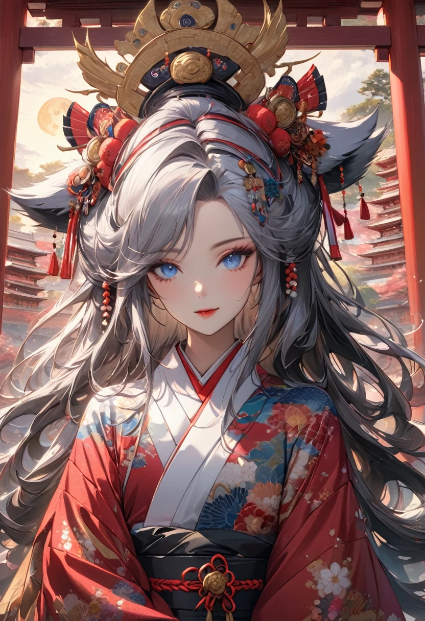 Ink painting, (((1 girl))), (((Tattoo in the middle of the forehead))),(((In the background is the Akatsuki moon))), (((Oiran))), (((Great hair accessories))), Demon possession, ((Masterpiece:1.2)), ((Highest quality)), Extremely detailed and delicate illustration style, Detailed leather texture, Detailed canvas texture, Very detailed description, (Masterpiece T), Extremely beautiful illustration, Highly detailed face, Raw image, professional, Ultra-high resolution panel, Complex details, Superior detail, Intricate decoration details, Perfect anatomy, real, (A very beautiful and kind silver fox woman or girl with blue eyes wearing a kimono), ((Beautiful silver fox ears)), (Beautiful silver fox tail), (Beautiful and shiny silver hair), (Beautiful and clear blue eyes), (Beautiful detailed eyes:1.6), ((Japanese temple priestess style: 1.7)), (Traditional tailored outfit), Front view, White flower kimono, Long red hakama skirt, A maxi skirt, Modestly dressed, He smiles, ((Standing and looking at me)), ((The day)), (Extremely detailed and beautiful Japanese temple construction), (8K Highest quality wallpaper), (Extremely detailed and delicate background)