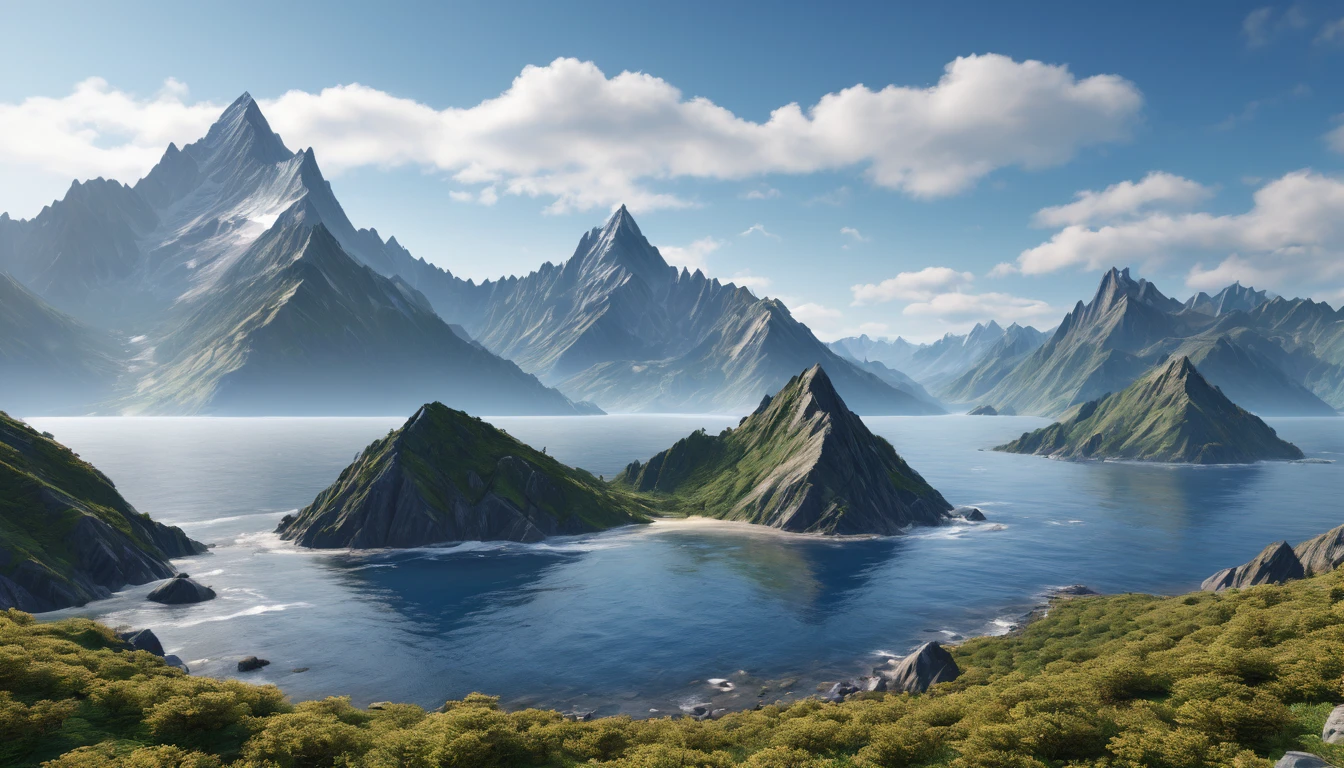 There is a vast mountain range,the highest peak of which is located on the best quality shore of the western sea.,4K,8k,High level,masterpiece:1.2),Ultra Detailed,(lifelike,Photo real,Photo real:1.37),Complex patterns,Realistic lighting