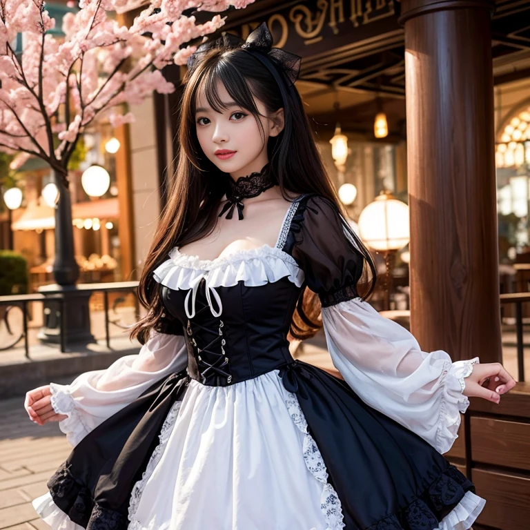 The skirt has a bow at the back of the waist, Skirt length to calf, cupcake dress, Layered skirt with lace on each layer, Wear a LOLITA dress, layered dress, Black lolita skirt, The skirt has a lot of lace, Long sleeve, Wide sleeves, Big skirt, layered lace skirt, Puff sleeves, Wide sleeves, Transparent sleeves, intricate details showcase the ruffles and intricate designs of the Lolita dress, Wearing a lolita dress, in the amusement park, at disneyland, best quality, Delicate face，beautiful visual work, lifelike, eternity, black hair, Smile, Detailed Background, Delicate face，blush，cold，((masterpiece))、(top quality)、8k、high detail、Super detailed，41-year-old female， masterpiece、born、Scenes resembling fairy tale illustrations、intricate details和複雜的設計、Beautifully、magic、capricious、 Beautifully、Dream aesthetics、「𝓡𝓸𝓶𝓪𝓷𝓽𝓲𝓬、ethereal、charming、fickle、magic」、realism、Visual effects、FXAA、SSAO、Shader、voiceless、ambient lighting、Tone mapping、High resolution、Ultra high quality、Million pixels、(8K resolution:1.10)、8k、8k以下、8K resolution、high detail、intricate details， (high quality:1.2、masterpiece:1.2、:1.21)、(41-year-old female:1.21)、(興奮地Smile)、(Surrounded by a dreamy atmosphere、Model diagram，full-body shot，Normal 2 feet，Put your hands behind you，The protrusion of the breast is visible when wearing clothes, Large Breasts, H cup chest, Don&#39;t show your fingers, full-body shot， full-body shot，full-body shot，full-body shot，full-body shot，full-body shot，full-body shot，full-body shot，hands hidden in clothes, hands hidden in clothes,hands hidden in clothes,hands hidden in clothes,hands hidden in clothes,hands hidden in clothes,hands hidden in clothes,hands hidden in clothes,hands hidden in clothes, ,hands hidden in sleeves ,hands hidden in sleeves ,hands hidden in sleeves ,hands hidden in sleeves ,hands hidden in sleeves ,hands hidden in sleeves ,hands hidden in sleeves ,hands hidden in sleeves, arms behind back, arms behind back, side view, side angle, Each layer of the cake skirt has lace, side view photo, side angle shot, Black and white lolita dress, side view, side view, side view,Side angle, Side angle, in the Disneyland Park, Baroque style, long skirt