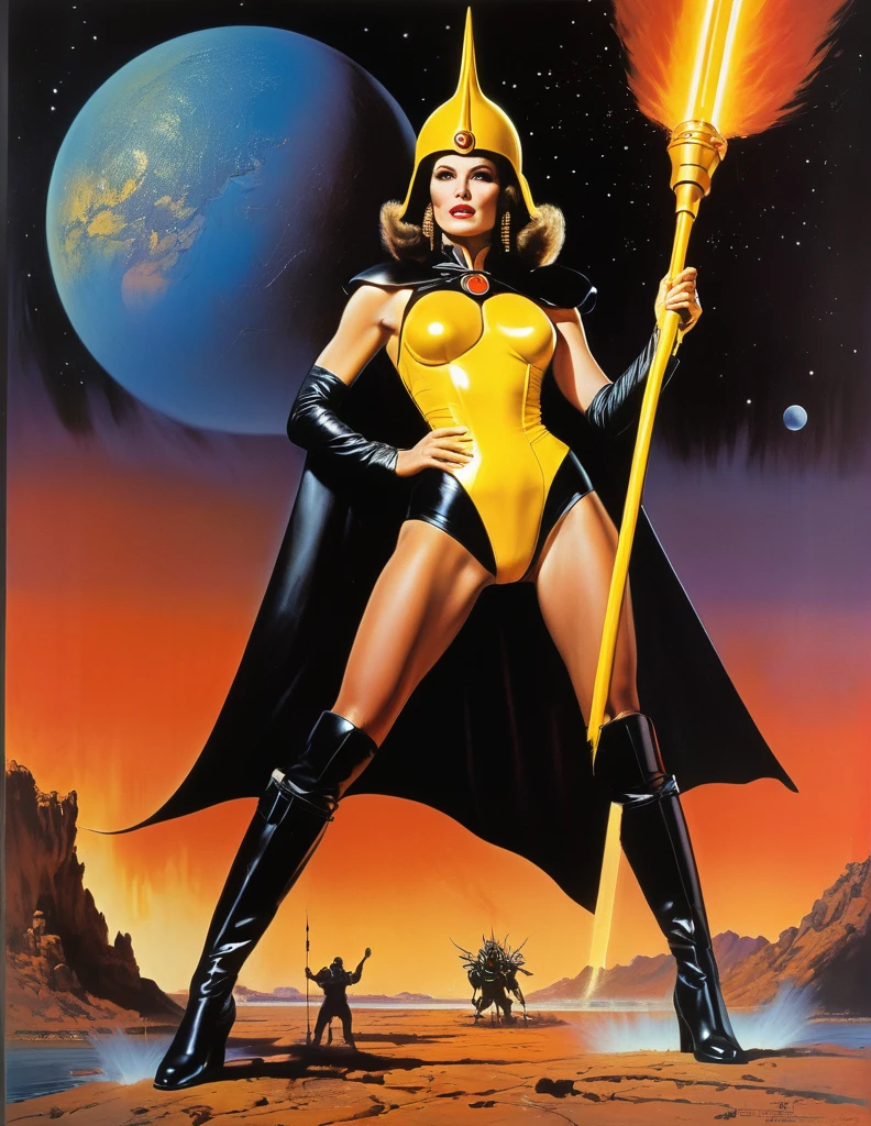 High quality, 1980s painted sci-fi movie poster, bold large Yellow text centered on top “Queen of the Final World”, (40 years old), tall muscular ((Jewish woman)), dramatic pose, wide chin, big nose, broad shoulders, wide hips, thick thighs, red plastic helmet, golden shoulder pads, bare midriff, thigh-high boots, black cape, holding a magical staff, (standing in a river of fire) surrounded by beetle-men on desert alien planet, a smoldering crashed spaceship in the background, orange sky with two moons, ((full body shot))