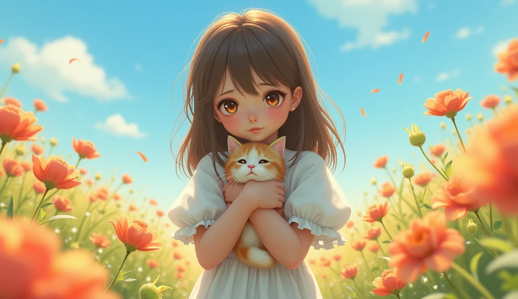 one girl, (a beauty girl, delicate girl:1.3), (18 years old:1.3),
break, (Casual style, put out ??????, White Floral long dress:1.3),
break, (Hugging a cat, (crying:1.5), Lush flower field, blue sky:1.3),
break, very fine eyes, (symmetrical eyes:1.3),
break, (medium breasts:1.5), brown eyes, parted bangs, brown hair,
break, (eyes and faces with detailed:1.0),
break, (bokeh, shallow depth of field, masterpiece, best quality, ultra detailed, detailed face, 8k)