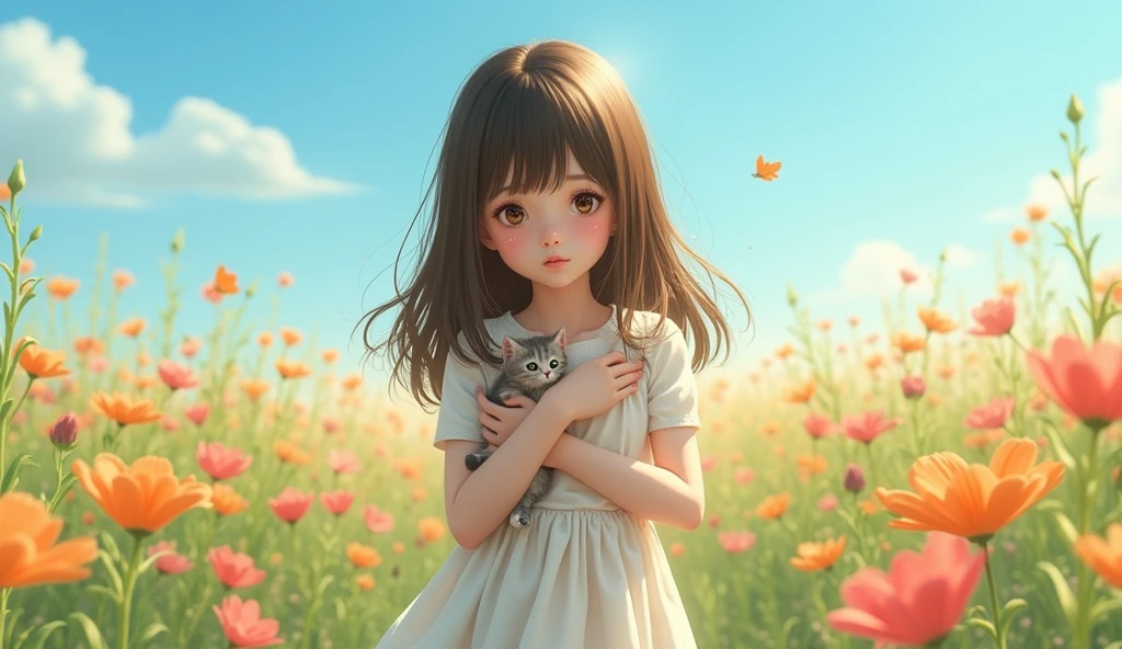 one girl, (a beauty girl, delicate girl:1.3), (18 years old:1.3),
break, (Casual style, put out nudity, White Floral long dress:1.3),
break, (Hugging a cat, (crying:1.5), Lush flower field, blue sky:1.3),
break, very fine eyes, (symmetrical eyes:1.3),
break, (medium breasts:1.5), brown eyes, parted bangs, brown hair,
break, (eyes and faces with detailed:1.0),
break, (bokeh, shallow depth of field, masterpiece, best quality, ultra detailed, detailed face, 8k)
