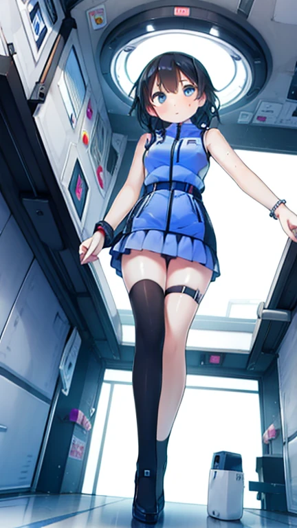 (Highest quality), (masterpiece), 1080P, High resolution, 4K, 8k, Inside the space station、Futuristic room、Thigh straps, Shooting from directly below, The woman on top of me, 白いSweat, Covered , Sweat, Woman looking down, Skirt swimsuit, Thigh-high socks, To achieve this, , , whole body, Black leather shoes, Braided hair, Inner Color, Embarrassed face, Short black hair, bracelet, Bedroom,celestial body_Vest