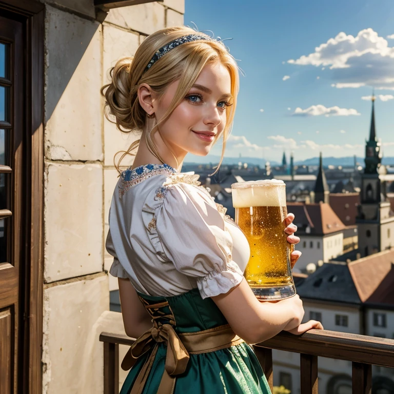 (​masterpiece, best quality:1.5), highest quality, High resolution, super detailed, Realists, Full body photo of a 22-year-old blonde woman, detailed and beautiful eyes, beautiful detailed lips, very detailed eyes and face, longeyelashes, A 22-year-old woman in a beautiful shiny satin dirndl, Noble details in the dress fabric, Beautiful and colorful makeup, elegant and noble々Pose, hairband, ponytail hairstyle, Munich as a backdrop, bright daylight, bright colors, fine brushstrokes, Portrait style, beautiful color palette, glowing skin, First-class rendering, that captures every detail, enchanting atmosphere, (perfect anatomy:1.2), (The stunning woman wears a beautiful dirndl. smiling in love and full of joy for the festival, Holding a beer stein  (magnificent panorama view:1.2)