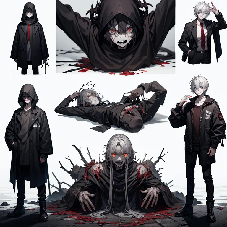 group of rotten zombies with torn clothes, rotten skin veins on face, black skull appearance, white eyes full body looking directly at viewer white background