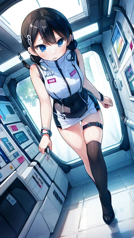 (Highest quality), (masterpiece), 1080P, High resolution, 4K, 8k, Inside the space station、Futuristic room、Thigh straps, Shooting from directly below, The woman on top of me, 白いSweat, Covered , Sweat, Woman looking down, Skirt swimsuit, Thigh-high socks, To achieve this, , , whole body, Black leather shoes, Braided hair, Inner Color, Embarrassed face, Short black hair, bracelet, Bedroom,celestial body_Vest
