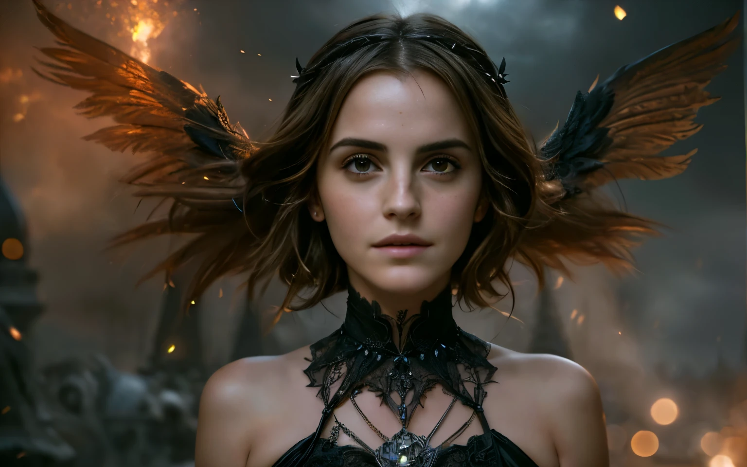 ((( face de Emma Watson:0.9))) ((( face of Penelope Cruz:1.1))) A woman with wings on her head and a black dress, The villain has black angel wings, cinematic. por Leng Jun, fantasy portrait, dark fantasy mixed with realism, fantasy character photo, Fantasy art Behance, a striking young ethereal figure, dark fantasy portrait, dark fantasy style, beautiful fantasy portrait, young pale angel, Elegant cinematic fantasy art