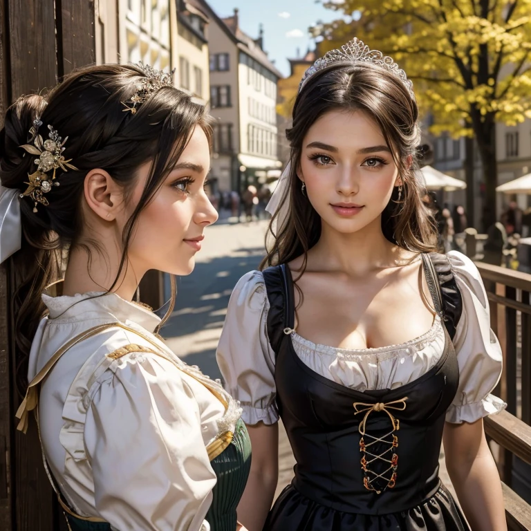 (​masterpiece, best quality:1.5), highest quality, High resolution, super detailed, Realists, Bust portrait of a 22-year-old black-haired woman, detailed and beautiful eyes, beautiful detailed lips, very detailed eyes and face, longeyelashes, A 22-year-old woman in a shiny satin dirndl, Beautiful and colorful makeup, elegant and noble々Pose, Hairband, ponytail hairstyle, Munich as a backdrop, bright daylight, bright colors, fine brushstrokes, Portrait style, beautiful color palette, glowing skin, First-class rendering, that captures every detail, enchanting atmosphere, (perfect anatomy:1.2), (The brides stunning women wear a dirndl. Smiling in love, In the background, beautiful dirndls hang on the pole. Dressing room. Many women are preparing for the festival  (magnificent panorama view:1.2)