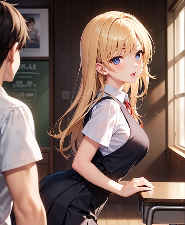 ((A girl and a man)),whole body、Dynamic pose, Dynamic Angle, Arrange Poses,Highest qualityの仕事，Show off your legs、Pretty face, Perfectly balanced face, School white shirt and black skirt, (School uniform), (School white shirt), Black short socks，uniform、School, In the classroom, whole bodyビュー), The girl is facing the opposite direction、((handsome man grabs the girl's ????)), ((the girl comes in front of the man)), He leans forward from the upper body.、They both end up together.、?????? pose,Gothic Background, Dark fantastic scenery,Highest quality,Tabletop,8k,Ultimate detailed dark background, Best image quality、RAW Photos、Ultra-high resolution，Cropped shoulders, The overall look is very ??????., Model shoot, Round ???????, Beautiful eyes with attention to detail、Very narrow eyes、Beautiful eyelashes、Very slim physique, Blushing、、Close your eyes、