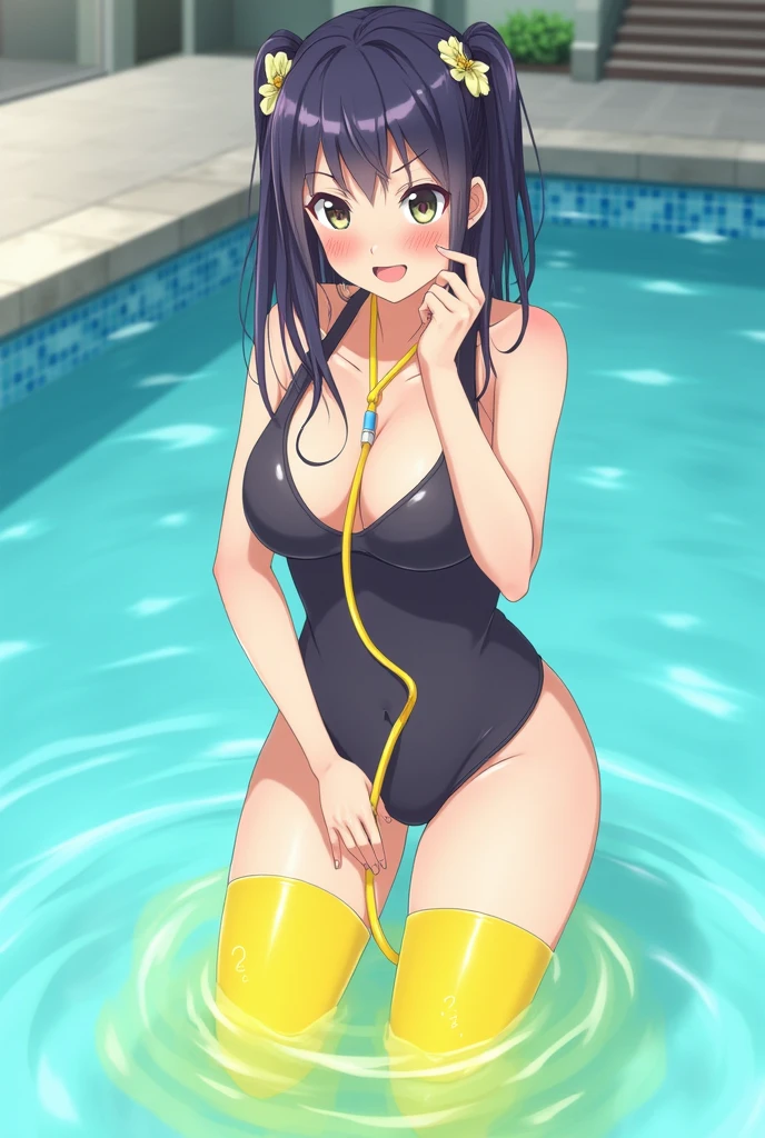 Anime, girl, girl in a swimsuit, girl in a swimsuit with a tube that is inserted into a swimsuit, pees, pees herself, pees with yellow urine, pees into a tube that is inserted into a swimsuit, yellow urine flows from a tube that is inserted into a swimsuit, urine flows into the pool, bright yellow urine dissolves in the pool