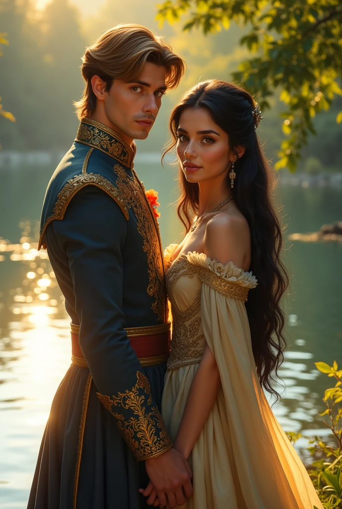 A prince and a queen in the shining lake of North American realism and with the manners of a king and queen and the prince with light brown hair reflecting in the sun and the wavy hair of white skin and the princess with super straight hair, black hair color with her light eyes, lake with shine