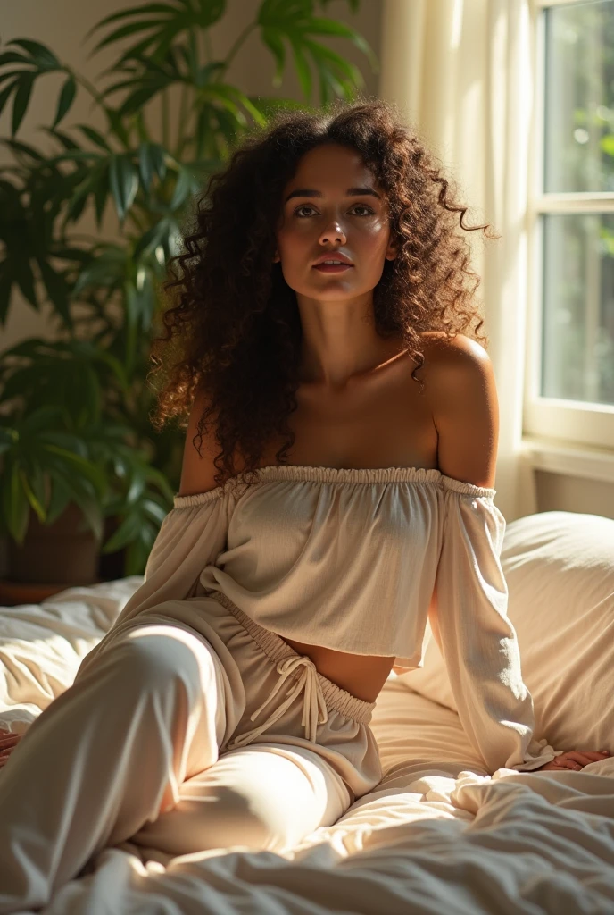 (photorealism:1.2), beautiful woman, sitting on bed, wearing loose off-shoulder top, pajama pants, long curly hair, indoors, soft lighting, plants in background, window with sunlight, cozy room, relaxed pose, realistic, intricate details, warm colors, by Greg Rutkowski, by Alphonse Mucha