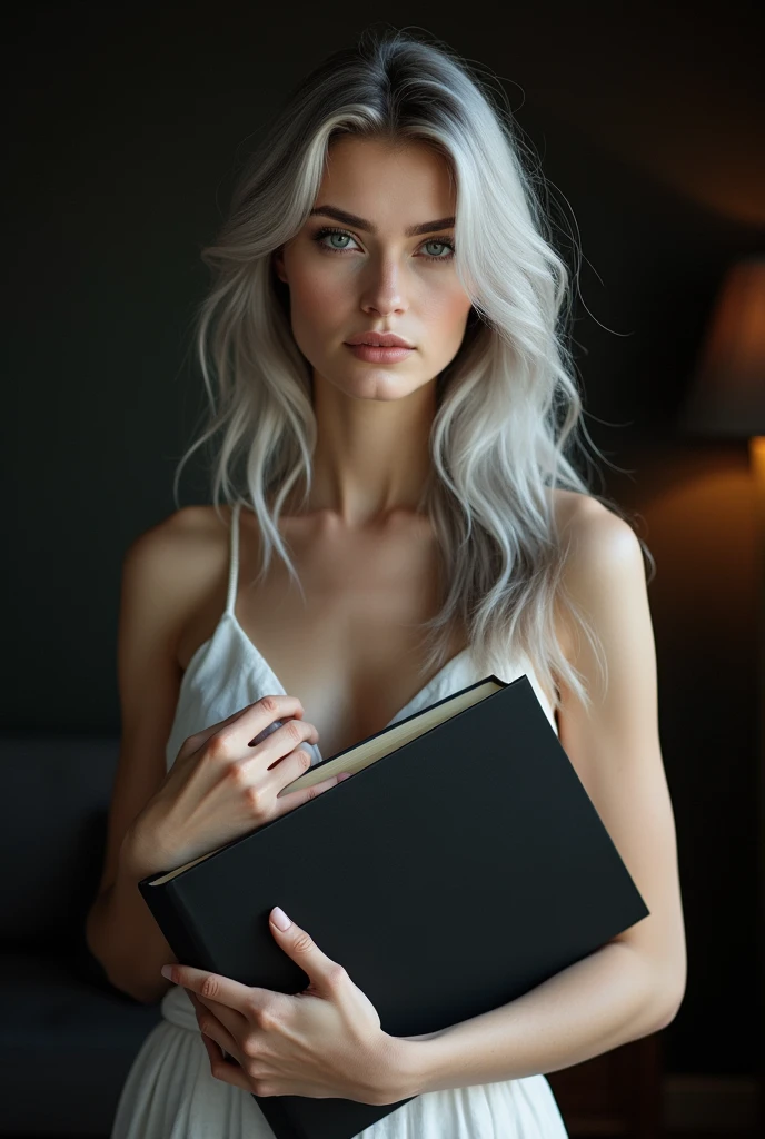 Beautiful girl with white skin, light gray hair below the shoulders, with bright shining eyes, soft, flowing facial features, professional photo, 4K, a high resolution, high detail, aesthetically pleasing, Beautiful, realistic, standing straight, looks straight, holding a black book against a dark living room background, (highly detailed skin:1.2), 8k contract, SLR camera, very detailed face, artistic composition, photo,