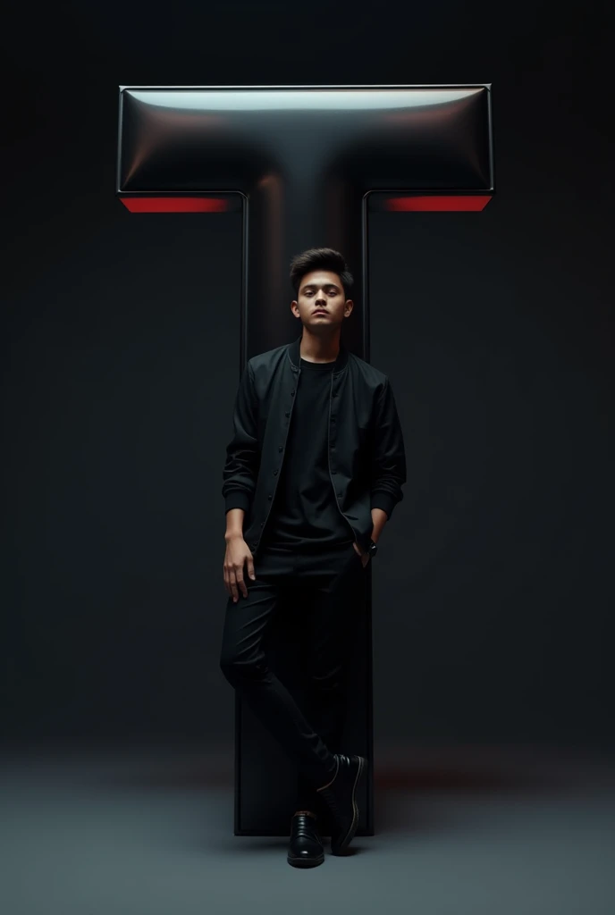 Create an image featuring a large, glossy, "T" 3D letter in the foreground with a boy leaning casually against it. The person should be dressed in stylish, monochromatic clothing and have a confident pose. The background should be a dark gradient to keep the focus on the letter and the person. Ensure that the lighting gives a soft glow to the edges of the 3D letter and casts subtle shadows to add depth to the overall composition.