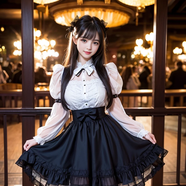 The skirt has a bow at the back of the waist, Skirt length to calf, cupcake dress, Layered skirt with lace on each layer, Wear a LOLITA dress, layered dress, Black lolita skirt, The skirt has a lot of lace, Long sleeve, Wide sleeves, Big skirt, layered lace skirt, Puff sleeves, Wide sleeves, Transparent sleeves, intricate details showcase the ruffles and intricate designs of the Lolita dress, Wearing a lolita dress, in the amusement park, at disneyland, best quality, Delicate face，beautiful visual work, lifelike, eternity, black hair, Smile, Detailed Background, Delicate face，blush，cold，((masterpiece))、(top quality)、8k、high detail、Super detailed，41-year-old female， masterpiece、born、Scenes resembling fairy tale illustrations、intricate details和複雜的設計、Beautifully、magic、capricious、 Beautifully、Dream aesthetics、「𝓡𝓸𝓶𝓪𝓷𝓽𝓲𝓬、ethereal、charming、fickle、magic」、realism、Visual effects、FXAA、SSAO、Shader、voiceless、ambient lighting、Tone mapping、High resolution、Ultra high quality、Million pixels、(8K resolution:1.10)、8k、8k以下、8K resolution、high detail、intricate details， (high quality:1.2、masterpiece:1.2、:1.21)、(41-year-old female:1.21)、(興奮地Smile)、(Surrounded by a dreamy atmosphere、Model diagram，full-body shot，Normal 2 feet，Put your hands behind you，The protrusion of the breast is visible when wearing clothes, Large Breasts, H cup chest, Don&#39;t show your fingers, full-body shot， full-body shot，full-body shot，full-body shot，full-body shot，full-body shot，full-body shot，full-body shot，hands hidden in clothes, hands hidden in clothes,hands hidden in clothes,hands hidden in clothes,hands hidden in clothes,hands hidden in clothes,hands hidden in clothes,hands hidden in clothes,hands hidden in clothes, ,hands hidden in sleeves ,hands hidden in sleeves ,hands hidden in sleeves ,hands hidden in sleeves ,hands hidden in sleeves ,hands hidden in sleeves ,hands hidden in sleeves ,hands hidden in sleeves, arms behind back, arms behind back, side view, side angle, Each layer of the cake skirt has lace, side view photo, side angle shot, Black and white lolita dress, side view, side view, side view,Side angle, Side angle, in the Disneyland Park, Baroque style, long skirt，Twintails with butterfly knot hair accessories。