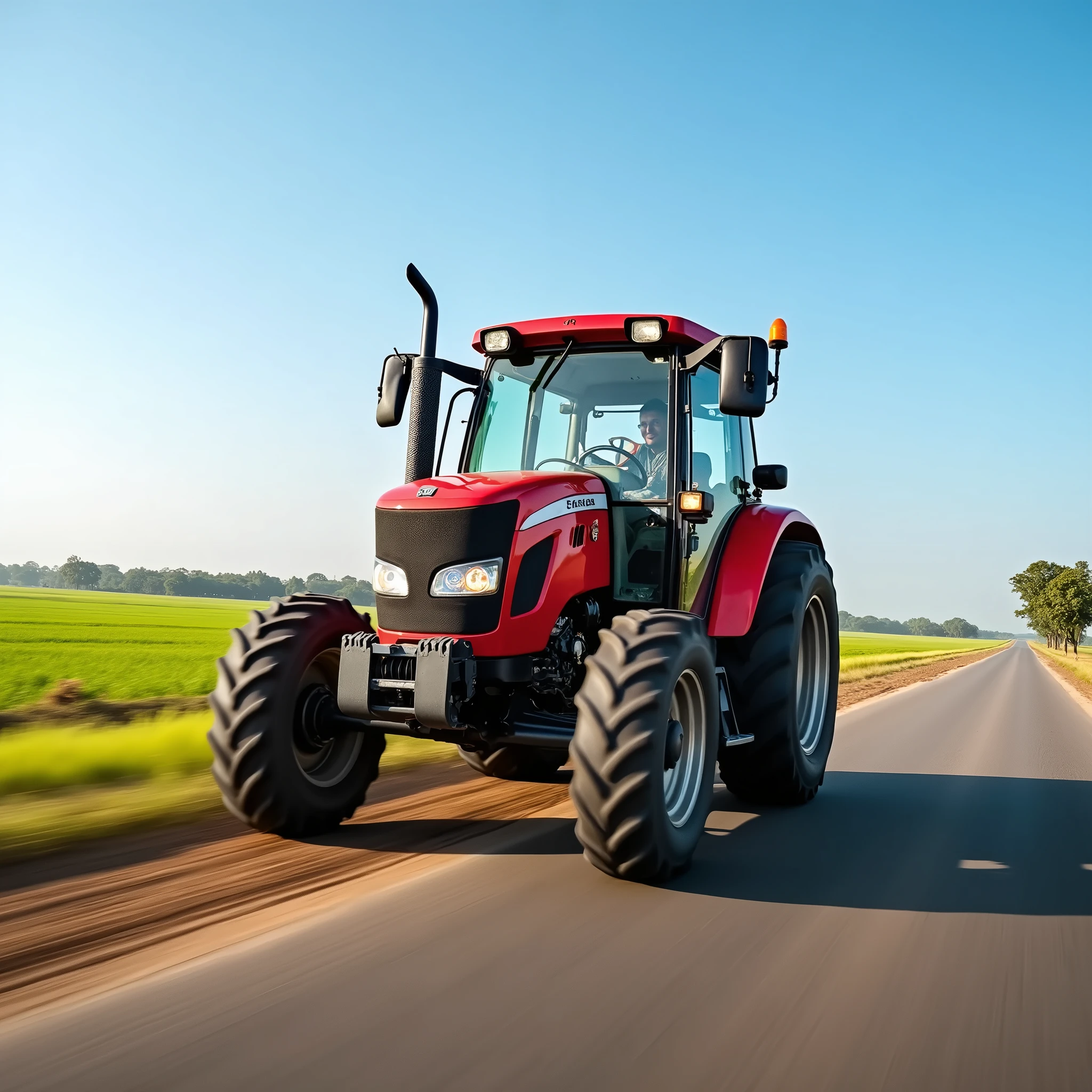 Speeding Red mahendra tractor on village pitch road of speed limit of 30 with clean blue sky and crops on field with no houses around