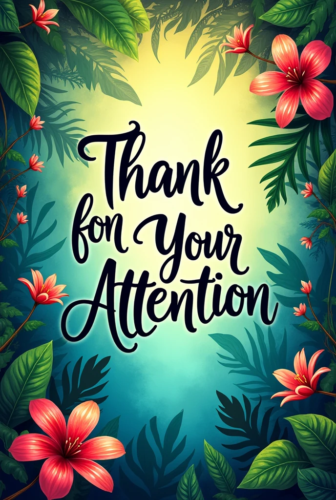 Eye-catching colorful background saying "thank you for your attention". It's for the end of an exhibition about the jungle