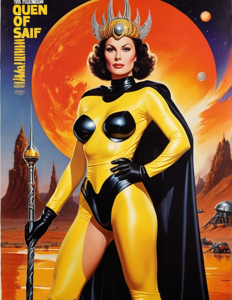 High quality, 1980s painted sci-fi movie poster, bold large Yellow text centered on top “Queen of the Final World”, (40 years old), tall muscular ((Jewish woman)), hand on hip, dramatic pose, wide chin, big nose, broad shoulders, wide hips, thick thighs, red plastic helmet, golden shoulder pads, bare midriff, thigh-high boots, black cape, holding a magical staff, (standing in a river of fire) surrounded by beetle-men on desert alien planet, a smoldering crashed spaceship in the background, orange sky with two moons, ((full body shot))