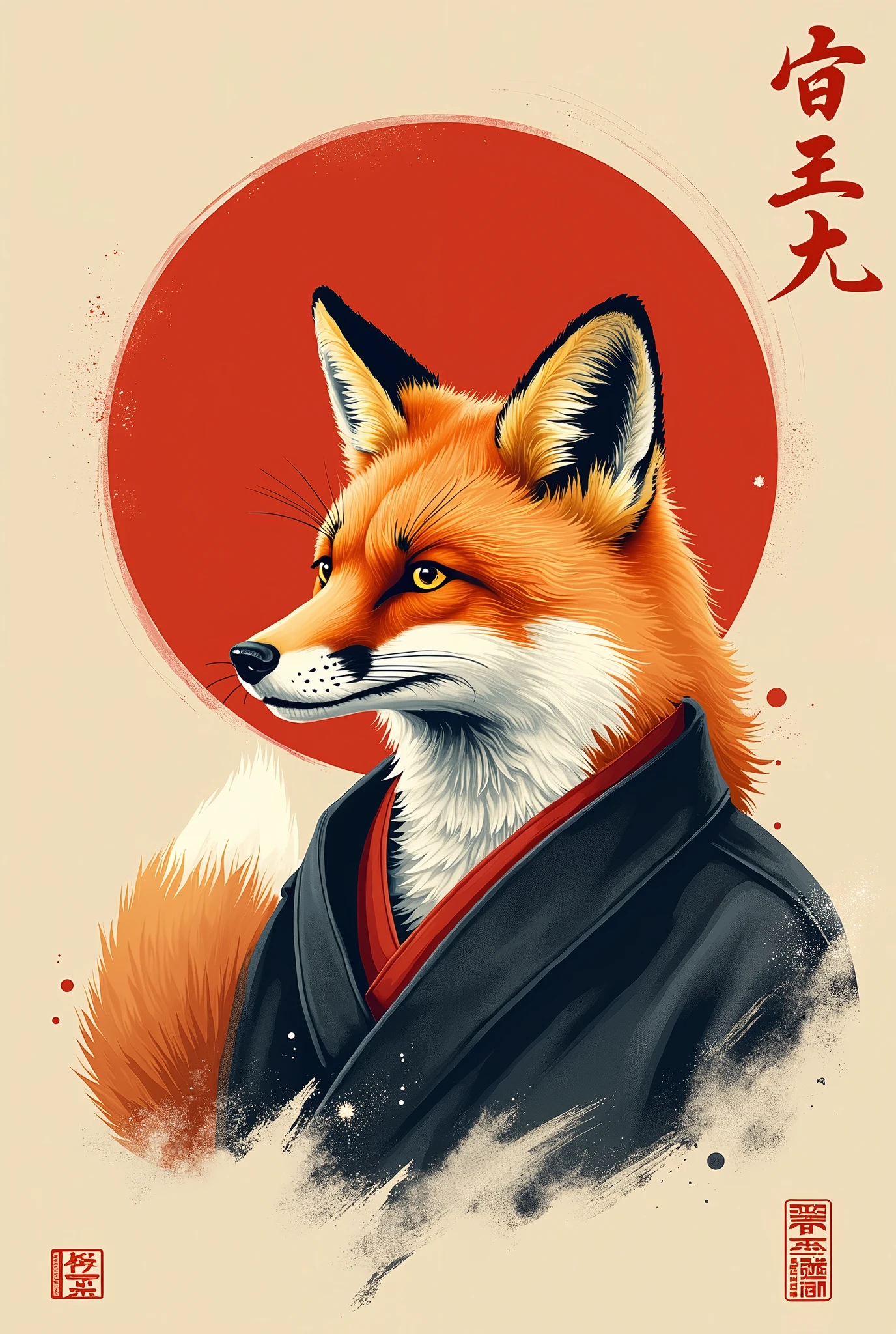 poster、Japan、posterの文字は「The fox is justice.」、Writing skills、Thick brushstrokes
