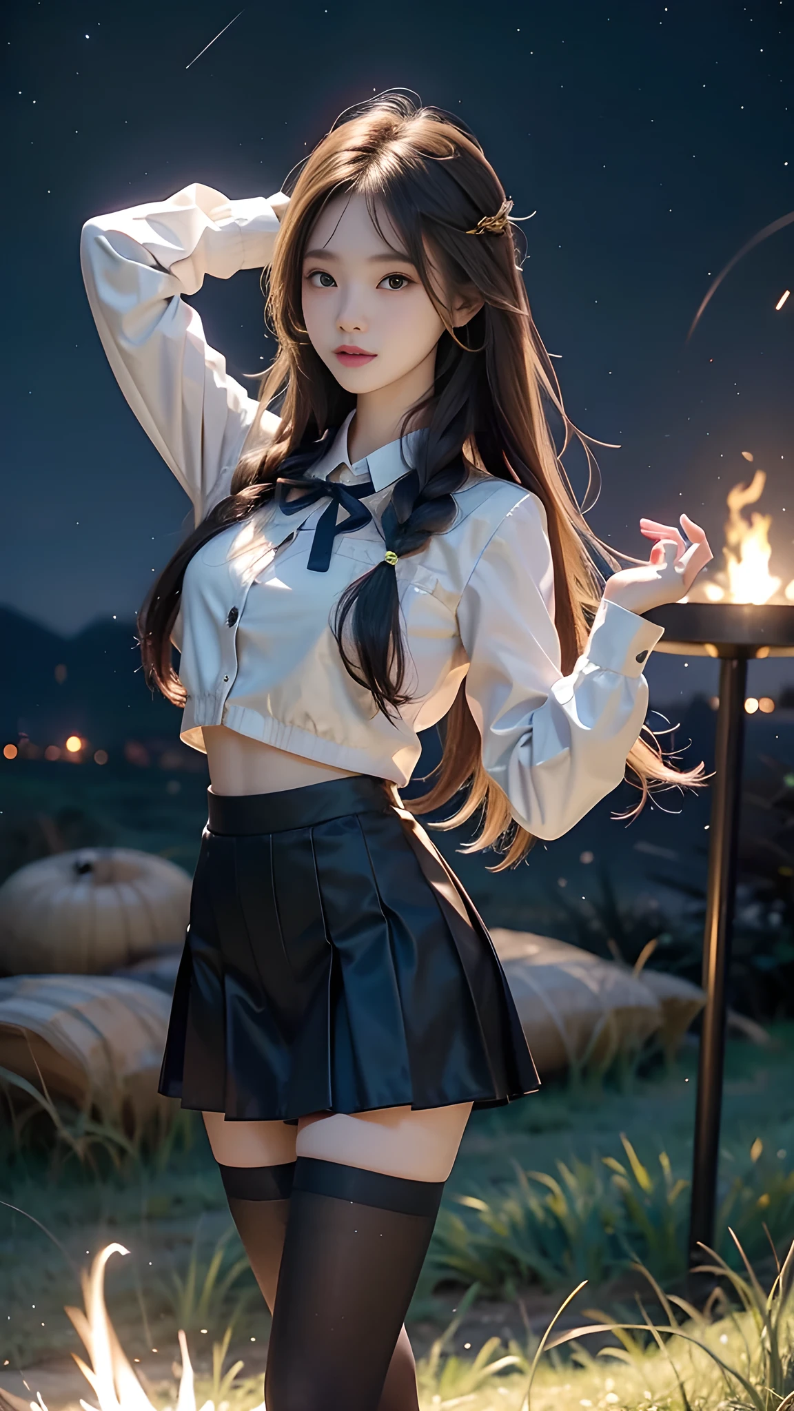 ulzzang-6500-v1.1, (RAW photo: 1.2), (Real photo), (Real photo: 1.4), 1 girl、Perfect anatomy、19 years old、Looking at the camera、Medium length hair、side braid, short uniform skirt, Dancing by the campfire on the green grassland at nigh, under the starry night sky, ((starry night: 1.1))、(Surreal tights: 1.2), (Business service)、Asian eyes Ella,
