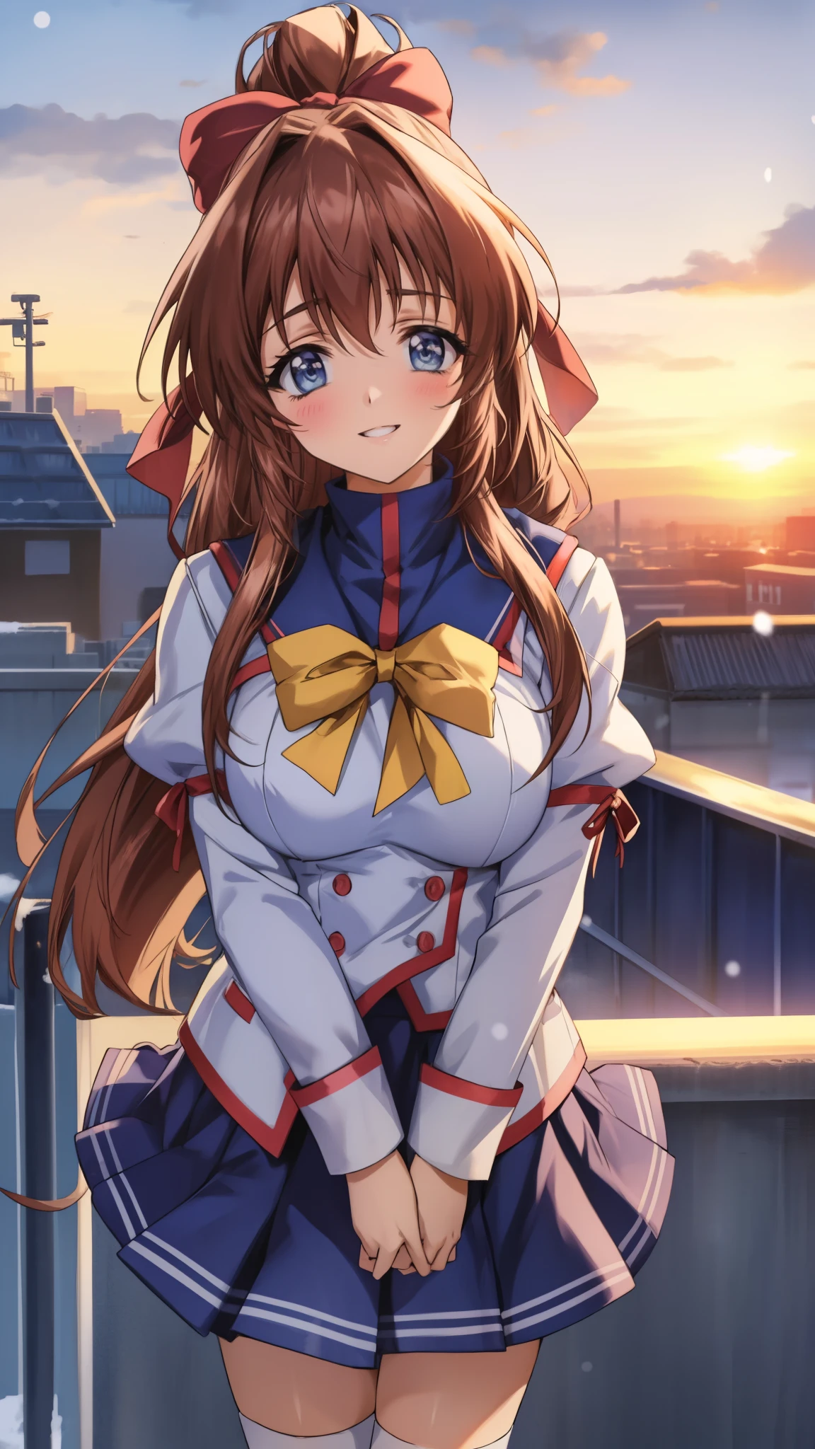 Anime illustration　Aoikan, 1 person, Hair Ribbon, school uniform, Long sleeve, bow tie, Blue Skirt,Big Breasts、 blush, Cute Smile　Open your mouth, Are standing, scarf on her neck standing in front of a fence, (Winter evening、Receiving a confession on the school rooftop with the sunset and fence behind me。I got closest to that smile:1.1), Skirt Lift, High Knee Socks　Two Arms