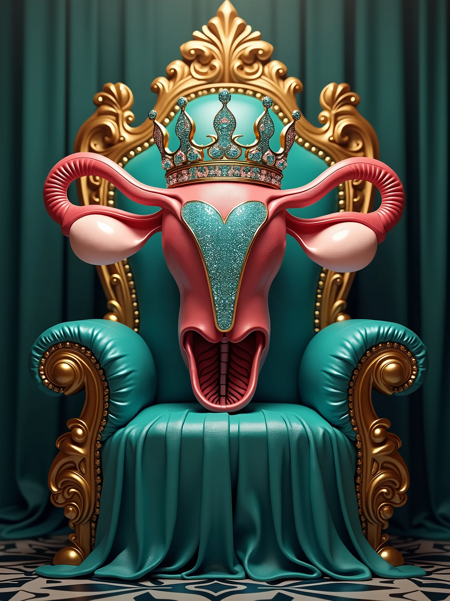 An ultra-realistic digital painting of an anthropomorphic uterus with cervix and ovaries, depicted as a champion. The uterus wears an oversized, ornate crown encrusted with teal diamond cancer ribbons, symbolizing victory and cancer awareness. The uterus, cervix, and ovaries are rendered with lifelike textures, standing proudly on a luxurious teal and gold throne. The scene conveys empowerment, resilience, and a sense of being cancer-free. The background is royal and majestic, highlighting the throne and the powerful stance. The style is ultra-realism, with anatomical accuracy, intricate texture work, regal composition, dramatic lighting, and a detailed crown design. The color scheme is dominated by teal and gold.