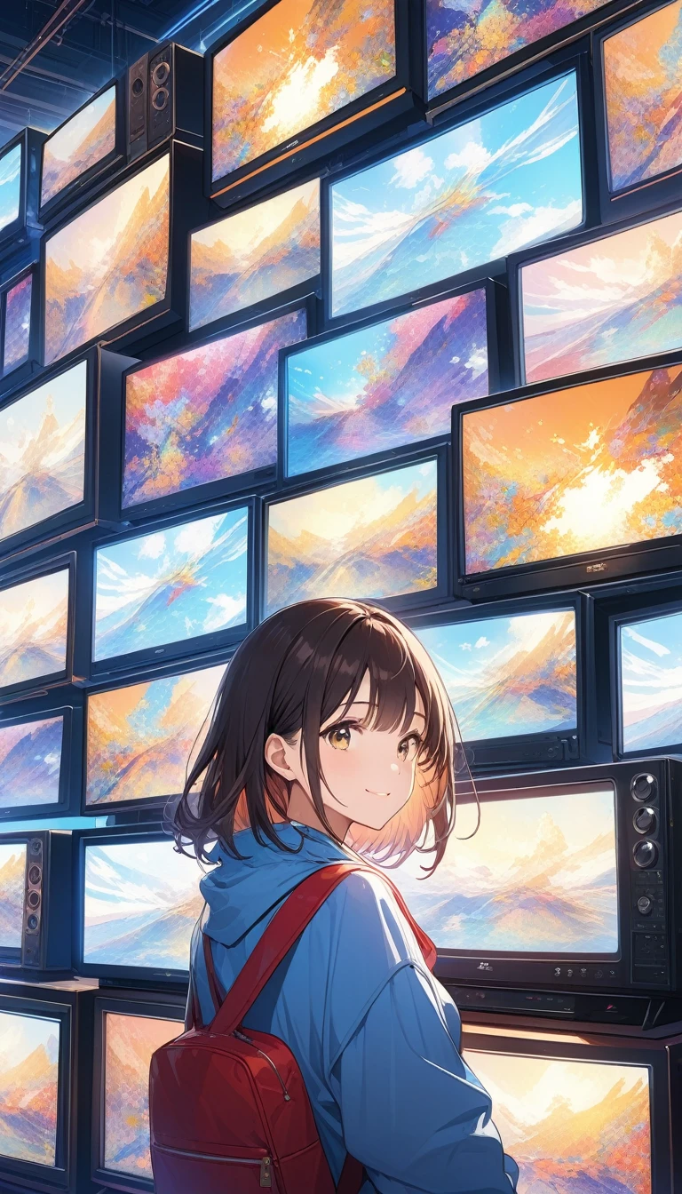 anime style, super fine illustration, highly detailed, dynamic angle, beautiful detailed, 8k, In front of numerous cathode-ray tube televisions, BREAK various programs are being broadcasted. A woman gazes at them, BREAK smiling amidst the colorful scenes.(highest quality、masterpiece、High resolution、detailed)animeスタイル、flat style、(Shining Eyes、detailed美しい顔), BREAK,Dynamic Angles、anime, cute girl, 18 years old, ((perfect anatomy)), ((cowboy shot)), ((32k)), ((best quality)), ((ultra high res)), ((HDR)), ((UHD)), ((extremely detailed CG)), ((unity 32k wallpaper)), (((anime colored))),