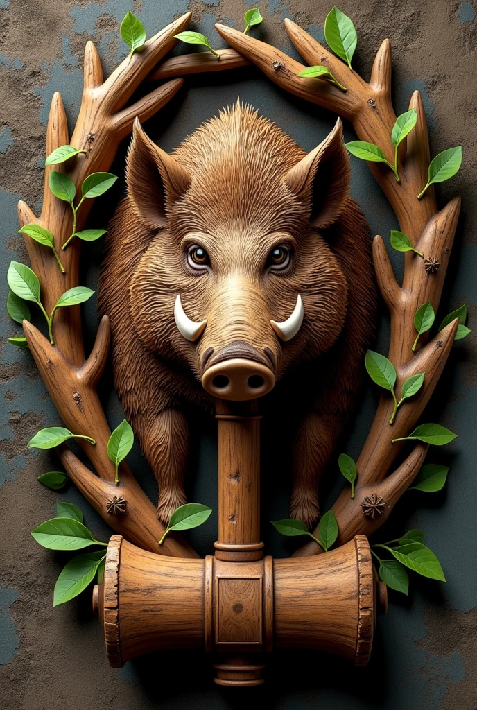 wooden logo representing a wild boar front facing
It is surrounded by wooden branch with a few leaves
Underneath there is a huge ancient hammer crossed with an ancient flute