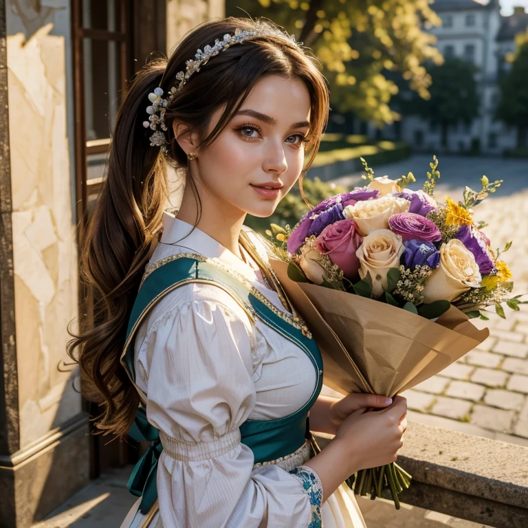 (masterpiece, best quality:1.5), highest quality, High resolution, super detailed, Realists, Full body photo of a 22-year-old brunette woman, detailed and beautiful eyes, beautiful detailed lips, very detailed eyes and face, longeyelashes, A 22-year-old woman in a beautiful, shimmering dirndl, Beautiful and colorful makeup, elegant and noble々Pose, hairband, ponytail hairstyle, Munich as a backdrop, bright daylight, bright colors, fine brushstrokes, Portrait style, beautiful color palette, glowing skin, First-class rendering, that captures every detail, enchanting atmosphere, (perfect anatomy:1.2), (The breathtaking woman is wearing a beautiful dirndl. smiling in love and full of anticipation for the celebration, Holding a bouquet of flowers (magnificent panorama view:1.2)