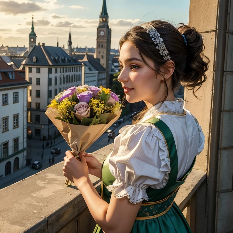 (masterpiece, best quality:1.5), highest quality, High resolution, super detailed, Realists, Bust portrait of a 22-year-old black-haired woman, detailed and beautiful eyes, beautiful detailed lips, very detailed eyes and face, longeyelashes, A 22-year-old woman in a shiny satin dirndl, Beautiful and colorful makeup, elegant and noble々Pose, Hairband, ponytail hairstyle, Munich as a backdrop, bright daylight, bright colors, fine brushstrokes, Portrait style, beautiful color palette, glowing skin, First-class rendering, that captures every detail, enchanting atmosphere, (perfect anatomy:1.2), (The stunning woman wears a dirndl. Smiling in love, In the background, beautiful dirndls hang on the pole. Dressing room. Many women are preparing for the festival (magnificent panorama view:1.2)