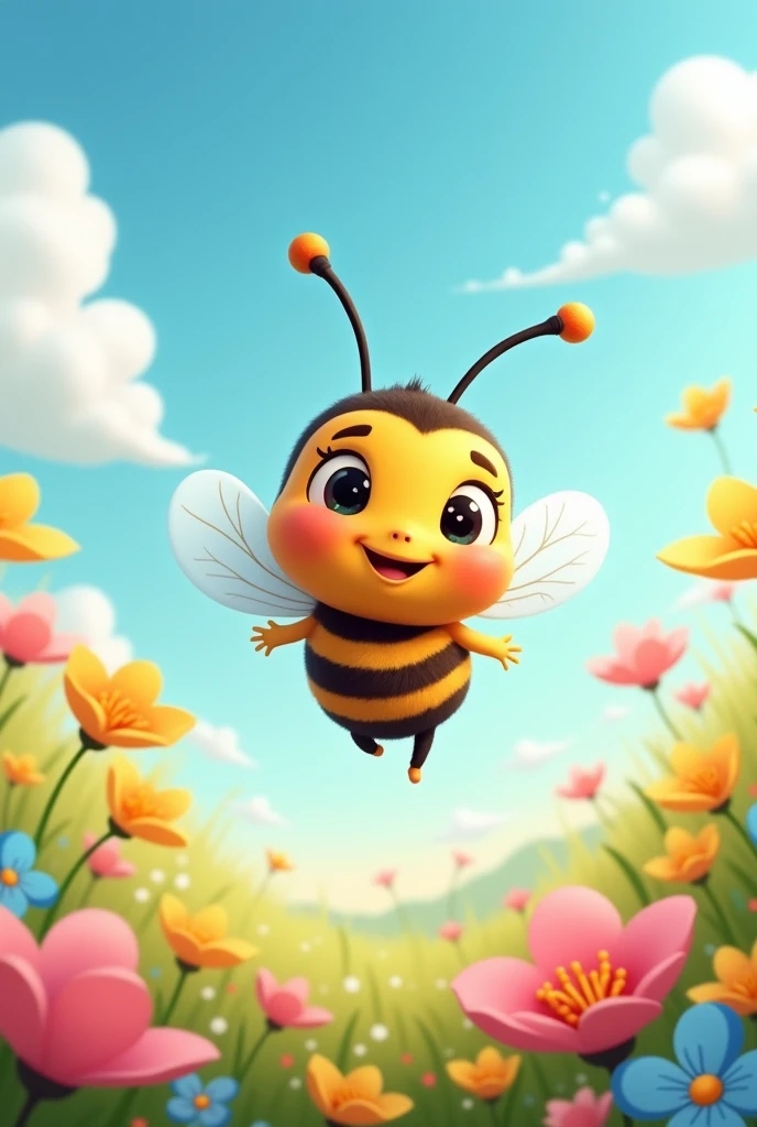 “Cute cartoon bee with big eyes and a smile, flying with small wings in a colorful background.”