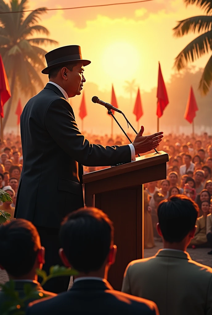 (photorealism:1.2), Indonesia's first president, Soekarno, is making a speech in front of the Indonesian people