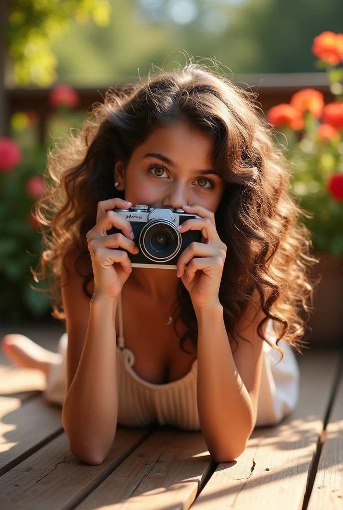 A brunette girl with curly hair and big breasts sits with her legs stretched out, taking a realistic photo