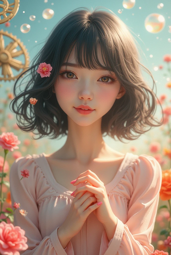 A girl in the middle of a field of tall flowers, looking forward, with a tear on her cheek and fading away.