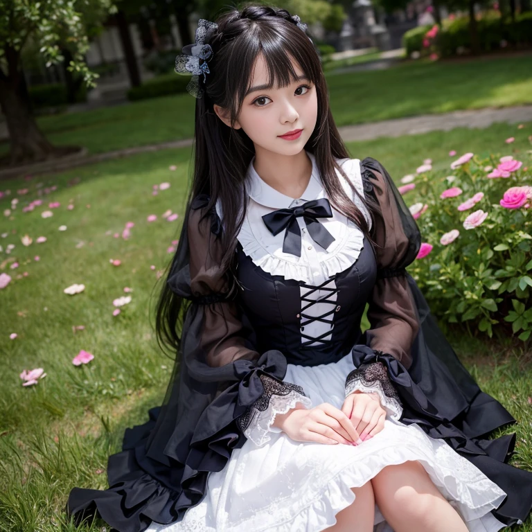 The skirt has a bow at the back of the waist, Skirt length to calf, cupcake dress, Layered skirt with lace on each layer, Wear a LOLITA dress, layered dress, Black lolita skirt, The skirt has a lot of lace, Long sleeve, Wide sleeves, Big skirt, layered lace skirt, Puff sleeves, Wide sleeves, Transparent sleeves, intricate details showcase the ruffles and intricate designs of the Lolita dress, Wearing a lolita dress, in the amusement park, at disneyland, best quality, Delicate face,beautiful visual work, lifelike, eternity, black hair, Smile, Detailed Background, Delicate face,blush,cold,((masterpiece))、(top quality)、8k、high detail、Super detailed,41-year-old female, masterpiece、born、Scenes resembling fairy tale illustrations、intricate details和複雜的設計、Beautifully、magic、capricious、 Beautifully、Dream aesthetics、「𝓡𝓸𝓶𝓪𝓷𝓽𝓲𝓬、ethereal、charming、fickle、magic」、realism、Visual effects、FXAA、SSAO、Shader、voiceless、ambient lighting、Tone mapping、High resolution、Ultra high quality、Million pixels、(8K resolution:1.10)、8k、8k以下、8K resolution、high detail、intricate details, (high quality:1.2、masterpiece:1.2、:1.21)、(41-year-old female:1.21)、(興奮地Smile)、(Surrounded by a dreamy atmosphere、Model diagram,full-body shot,Normal 2 feet,Put your hands behind you,The protrusion of the breast is visible when wearing clothes, Large Breasts, H cup chest, Don't show your fingers, full-body shot, full-body shot,full-body shot,full-body shot,full-body shot,full-body shot,full-body shot,full-body shot,hands hidden in clothes, hands hidden in clothes,hands hidden in clothes,hands hidden in clothes,hands hidden in clothes,hands hidden in clothes,hands hidden in clothes,hands hidden in clothes,hands hidden in clothes, ,hands hidden in sleeves ,hands hidden in sleeves ,hands hidden in sleeves ,hands hidden in sleeves ,hands hidden in sleeves ,hands hidden in sleeves ,hands hidden in sleeves ,hands hidden in sleeves, arms behind back, arms behind back, side view, side angle, Each layer of the cake skirt has lace, side view photo, side angle shot, Black and white lolita dress, side view, side view, side view,Side angle, Side angle, in the Disneyland Park, Baroque style, long skirt,Twintails with butterfly knot hair accessories。