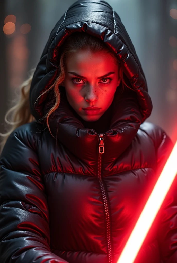 a slim ponytail 16 year old angry sith wielding her bright lightsaber, she is battling her slim nemesis,beautiful detailed bright fire-eyed eyes,beautiful freckles,beautiful detailed lips,extremely detailed eyes and face,longeyelashes, wearing beautiful detailed skintight airtight covering-head hooded armored formfitting duvetica overfilled overinflated shiny super gleamy thick glossy puffervest covering over her padded high-collared pufferjacket, glossy latex leggings,symmetrical,masterpiece,cinematic,lifelike,hyperrealistic,8k,photorealistic,highly detailed,intricate,exquisite,elegant,beautiful,stunning