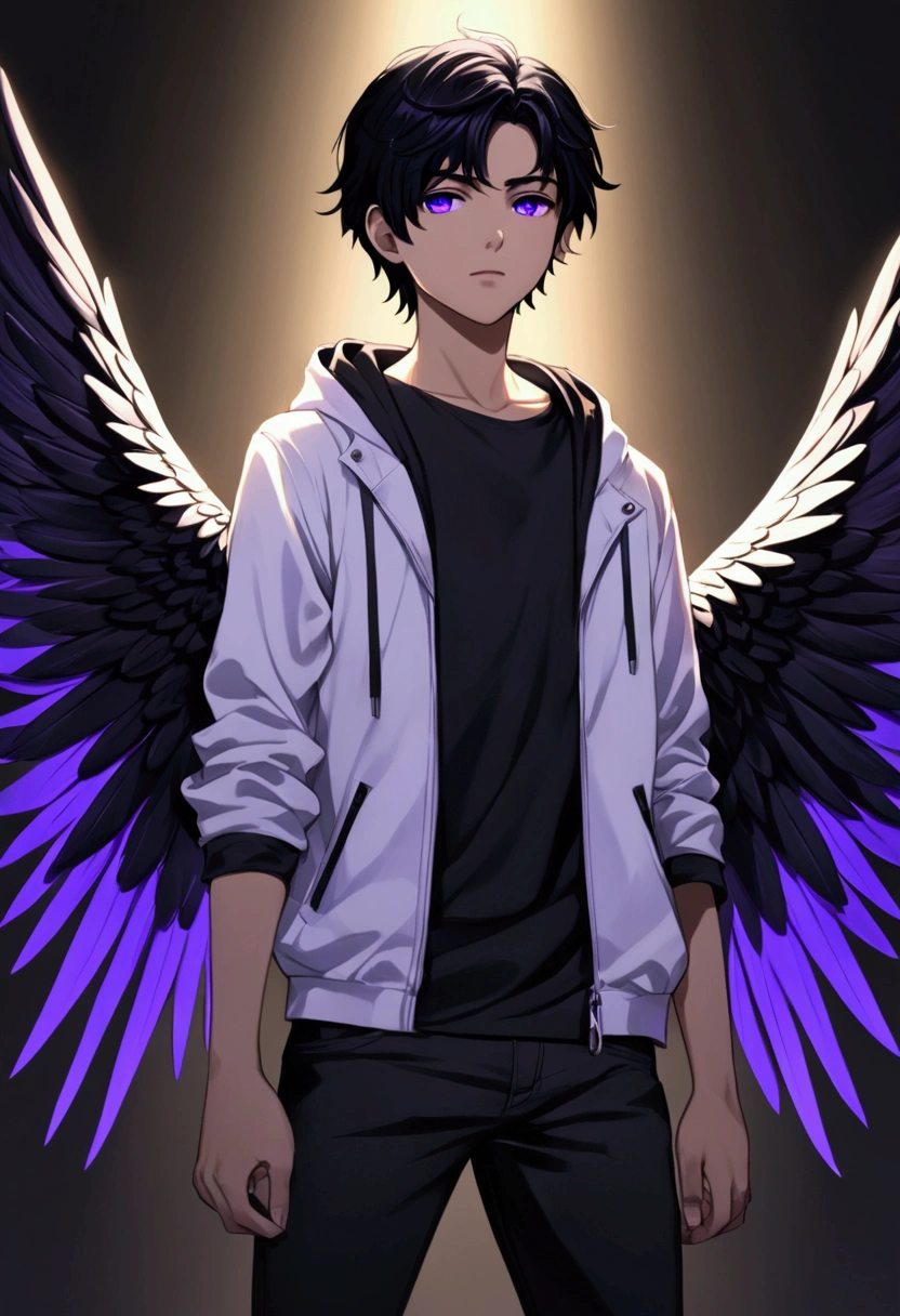 Sixteen-year-old Chico with black hair and purple eyes, wearing a black T-shirt, a white jacket with blue accents, black pants, and a purple mark. He has the power to clone himself and has black angel wings. 