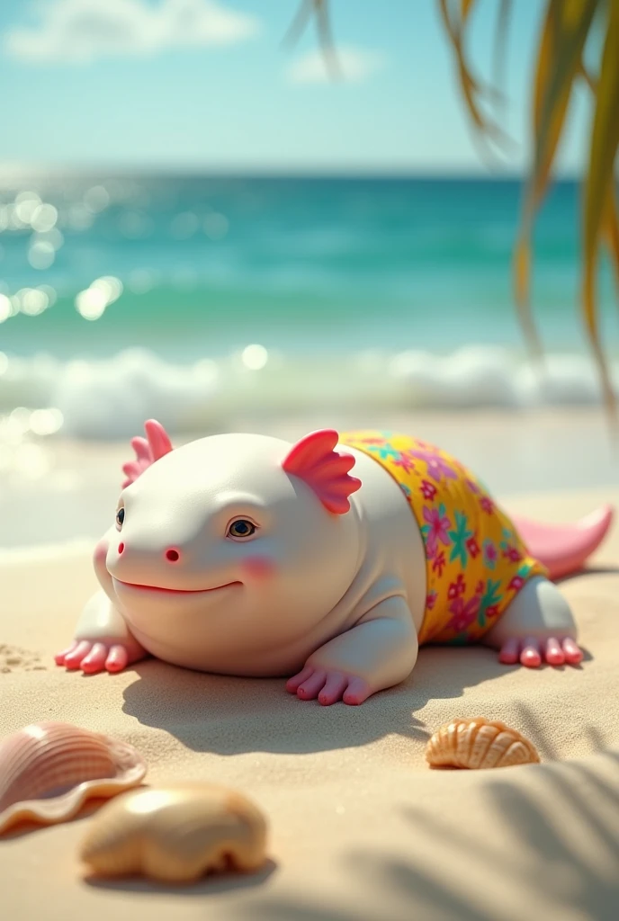a backview male white clean fat humanoid axolotl wearing Bermudas sleeping and laying on his stomach at a beach. Has an smirk. View at legs