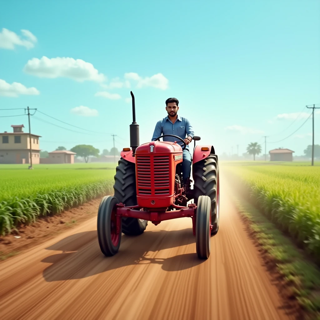 Speeding Red mahendra tractor on village pitch road of speed limit of 30 with clean blue sky and crops on field with no houses around. There is no one on tractor. This is a movie poster. Put the title of the movie as BEHULI FROM MEGHAULI.