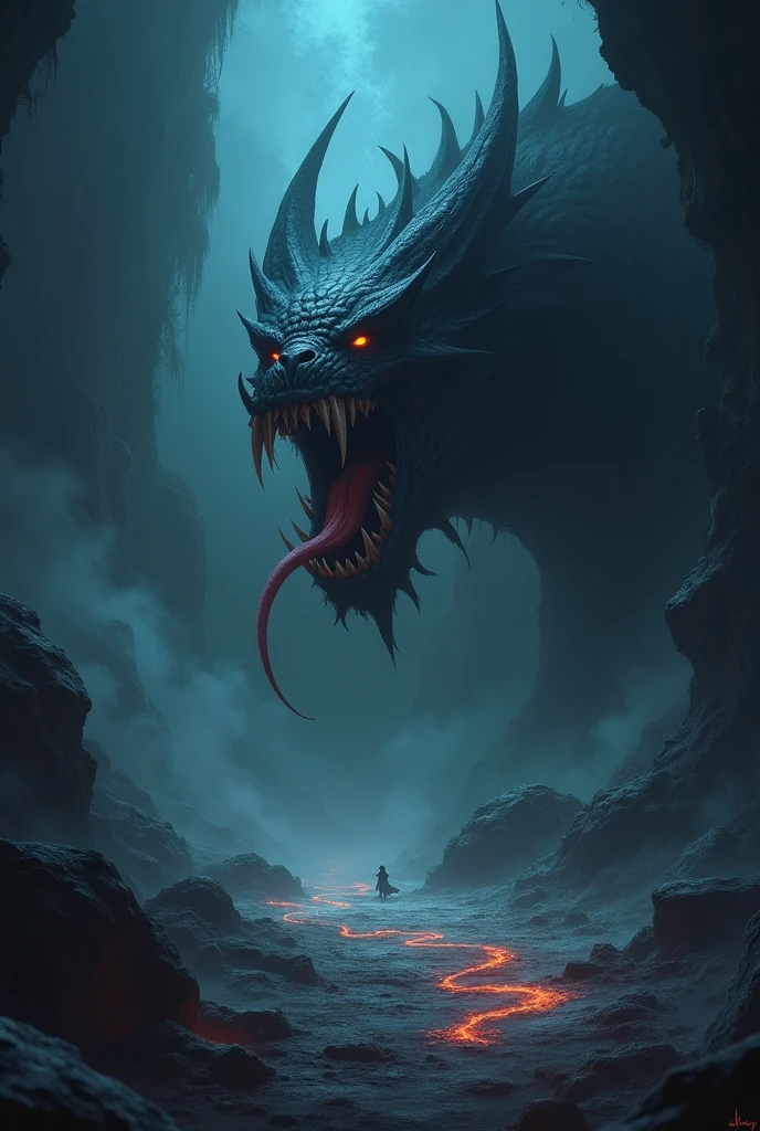Draw fangs coming out of the darkness in the style of the game League of Legends.