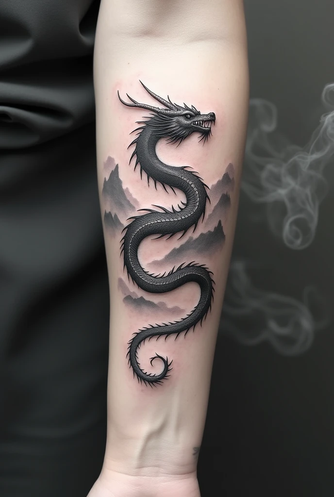 Delicate dragon tattoo with fine lines and black and white