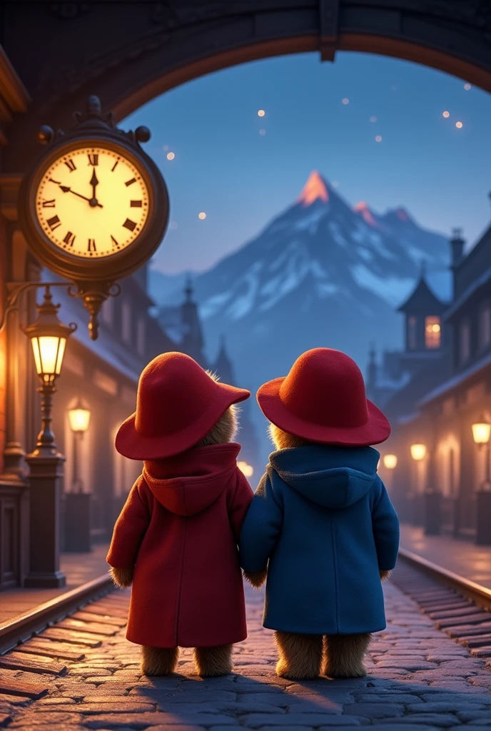 Make a Disney Pixar-style poster, in 3D, a evening scene at 8 pm ,two paddington bear wearing long coat stading at a railway station , a clock on the railway station with night scene , mountains covered with partial snow create a photo of 9:16 aspect ratio