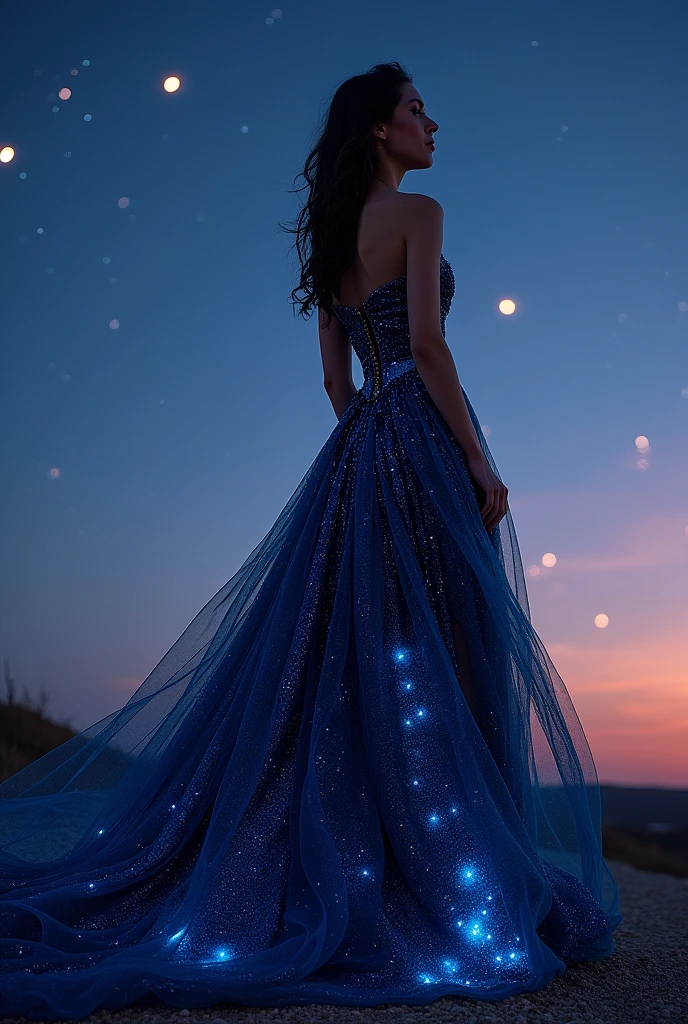 Dress in night sky colors with a corset top, strapless, with a flowing skirt and a slit on the right side. 